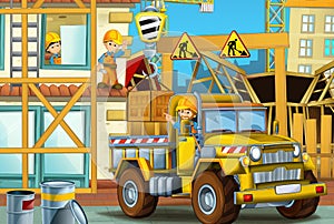 Cartoon scene with men working doing industrial jobs