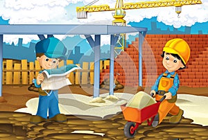 Cartoon scene with men working doing industrial jobs