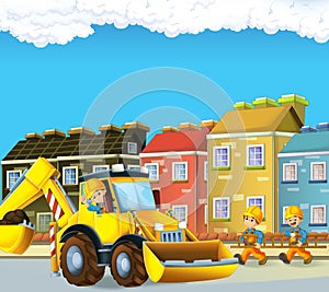 Cartoon scene with men working doing industrial jobs with excavator