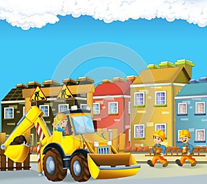 Cartoon scene with men working doing industrial jobs with excavator