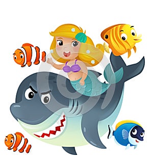 cartoon scene with mermaid princess and shark swimming together having fun with coral reef fishes isolated illustration for kids