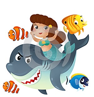 cartoon scene with mermaid princess and shark swimming together having fun with coral reef fishes isolated illustration for kids