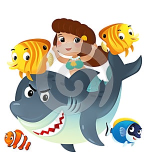 cartoon scene with mermaid princess and shark swimming together having fun with coral reef fishes isolated illustration for kids