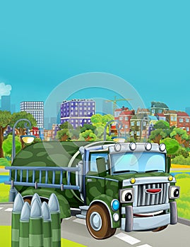 Cartoon scene with military army car vehicle on the road - illustration