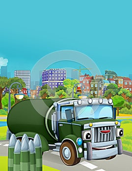 Cartoon scene with military army car vehicle on the road - illustration