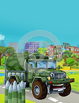 Cartoon scene with military army car vehicle on the road - illustration