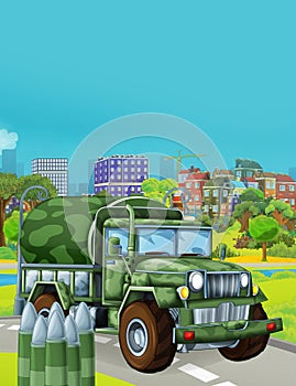 Cartoon scene with military army car vehicle on the road - illustration