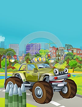 Cartoon scene with military army car vehicle on the road - illustration