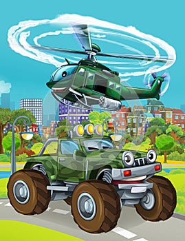 Cartoon scene with military army car vehicle on the road - illustration