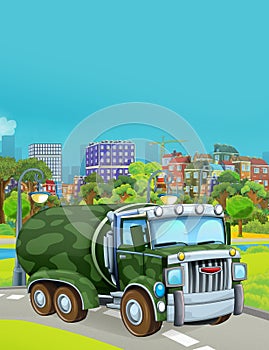 Cartoon scene with military army car vehicle on the road - illustration