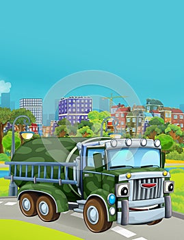 Cartoon scene with military army car vehicle on the road - illustration