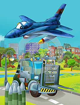 Cartoon scene with military army car vehicle on the road and jet plane flying over - illustration