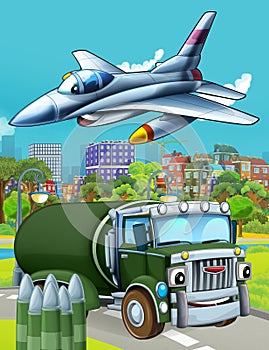 Cartoon scene with military army car vehicle on the road and jet plane flying over - illustration