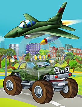 Cartoon scene with military army car vehicle on the road and jet plane flying over - illustration