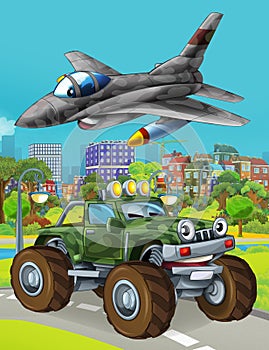 Cartoon scene with military army car vehicle on the road and jet plane flying over - illustration