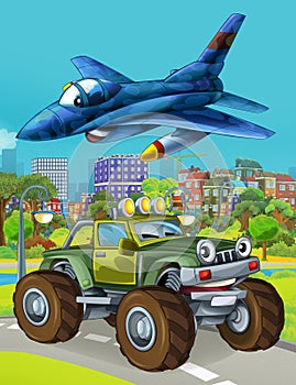 Cartoon scene with military army car vehicle on the road and jet plane flying over - illustration