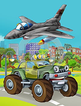 Cartoon scene with military army car vehicle on the road and jet plane flying over - illustration