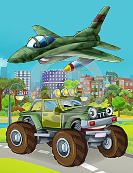 Cartoon scene with military army car vehicle on the road and jet plane flying over - illustration