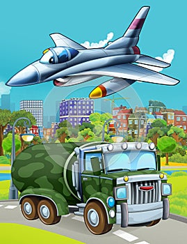 Cartoon scene with military army car vehicle on the road and jet plane flying over - illustration