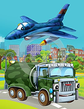 Cartoon scene with military army car vehicle on the road and jet plane flying over - illustration