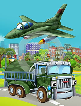 Cartoon scene with military army car vehicle on the road and jet plane flying over - illustration