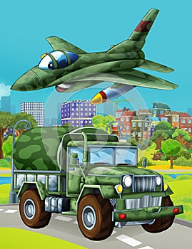 Cartoon scene with military army car vehicle on the road and jet plane flying over - illustration