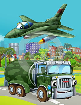 Cartoon scene with military army car vehicle on the road and jet plane flying over - illustration