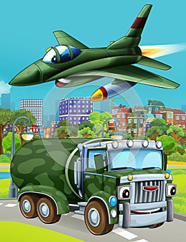 Cartoon scene with military army car vehicle on the road and jet plane flying over - illustration