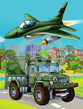 Cartoon scene with military army car vehicle on the road and jet plane flying over - illustration