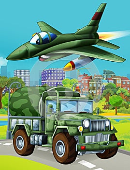 Cartoon scene with military army car vehicle on the road and jet plane flying over - illustration