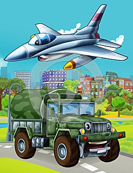 Cartoon scene with military army car vehicle on the road and jet plane flying over - illustration