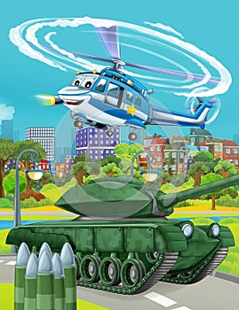 Cartoon scene with military army car vehicle on the road and jet plane flying over - illustration