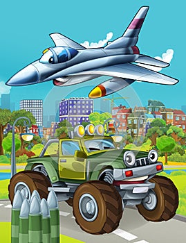 Cartoon scene with military army car vehicle on the road and jet plane flying over - illustration for children