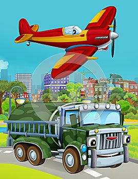 Cartoon scene with military army car vehicle on the road and plane flying over - illustration