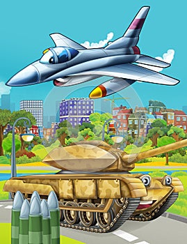 Cartoon scene with military army car vehicle on the road and police helicopter flying over - illustration