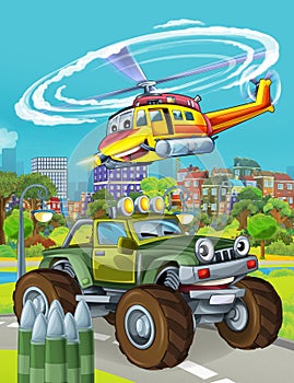 Cartoon scene with military army car vehicle on the road and rescue or fireman helicopter flying over - illustration