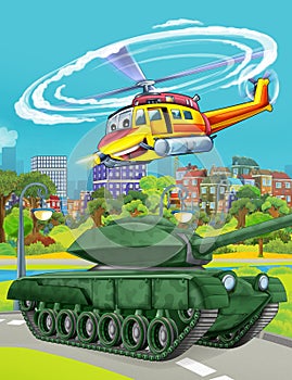 Cartoon scene with military army car vehicle on the road and rescue or fireman helicopter flying over - illustration