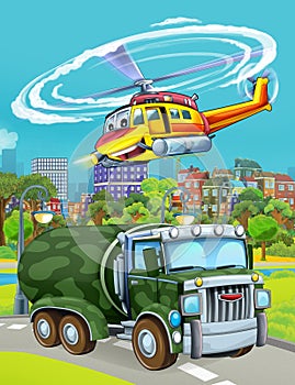 Cartoon scene with military army car vehicle on the road and rescue or fireman helicopter flying over - illustration