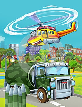 Cartoon scene with military army car vehicle on the road and rescue or fireman helicopter flying over - illustration