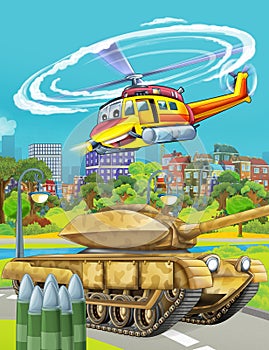 Cartoon scene with military army car vehicle on the road and rescue or fireman helicopter flying over - illustration