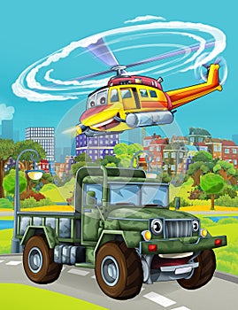 Cartoon scene with military army car vehicle on the road and rescue or fireman helicopter flying over - illustration