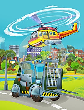 Cartoon scene with military army car vehicle on the road and rescue or fireman helicopter flying over - illustration