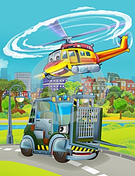 cartoon scene with military army car vehicle on the road and rescue or fireman helicopter flying over - illustration