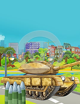 Cartoon scene with military army car vehicle tank on the road