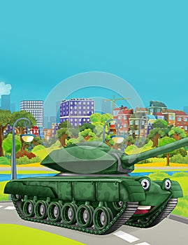 Cartoon scene with military army car vehicle tank on the road