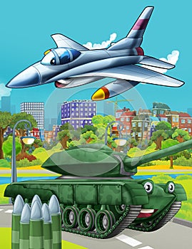 Cartoon scene with military army car vehicle tank on the road and jet plane flying over - illustration