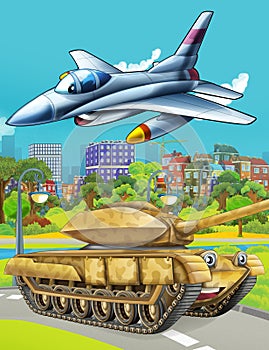 Cartoon scene with military army car vehicle tank on the road and jet plane flying over - illustration