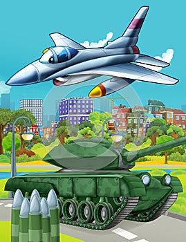 Cartoon scene with military army car vehicle tank on the road and jet plane flying over - illustration