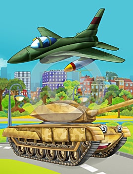 Cartoon scene with military army car vehicle tank on the road and jet plane flying over - illustration