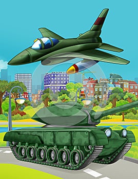 Cartoon scene with military army car vehicle tank on the road and jet plane flying over - illustration